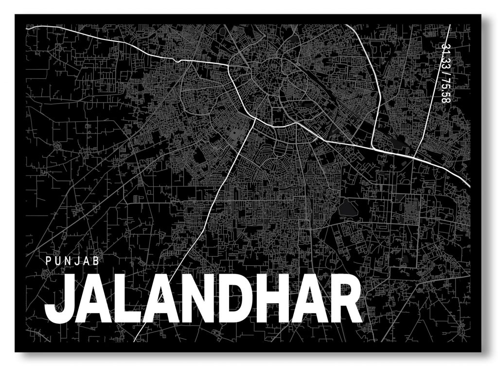 Black poster map of jalandhar