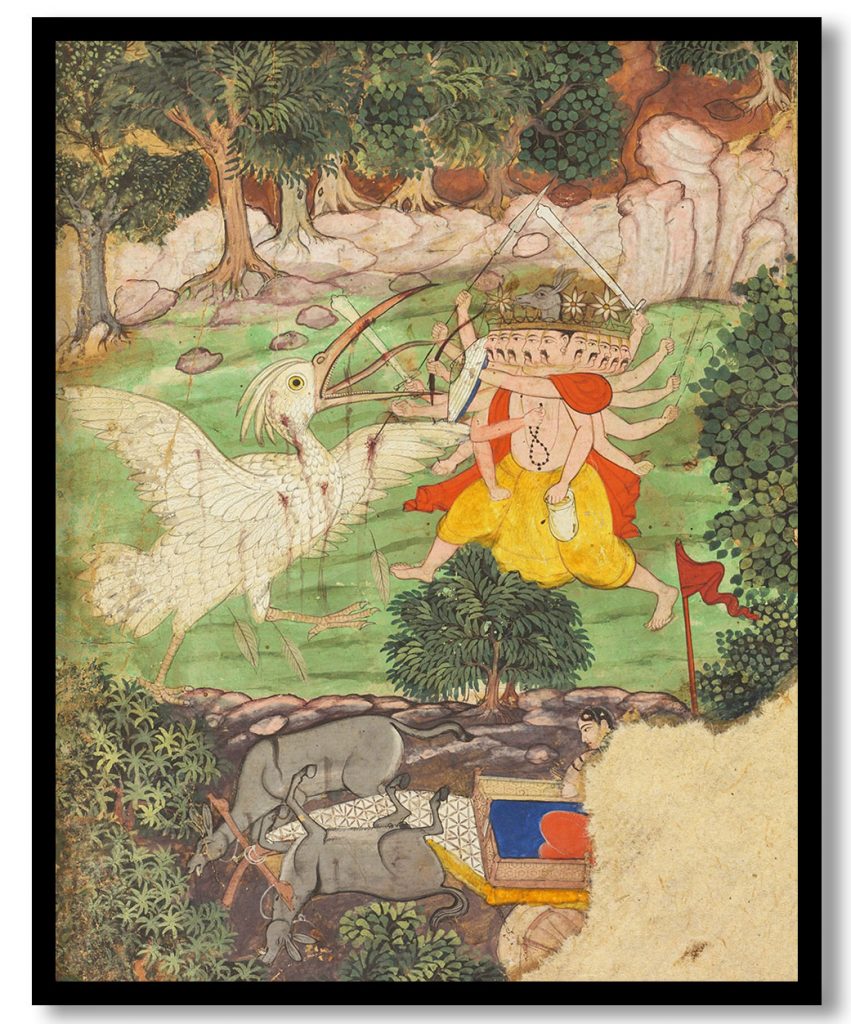 Battle of Ravan and Jatayu, from sarga (chapter) 49 of the Aranya-kanda (Book of the Forest) from a Ramayana (Rama’s Journey) of Valmiki (Indian, active c. mid-1000s BC) (c. 1605)