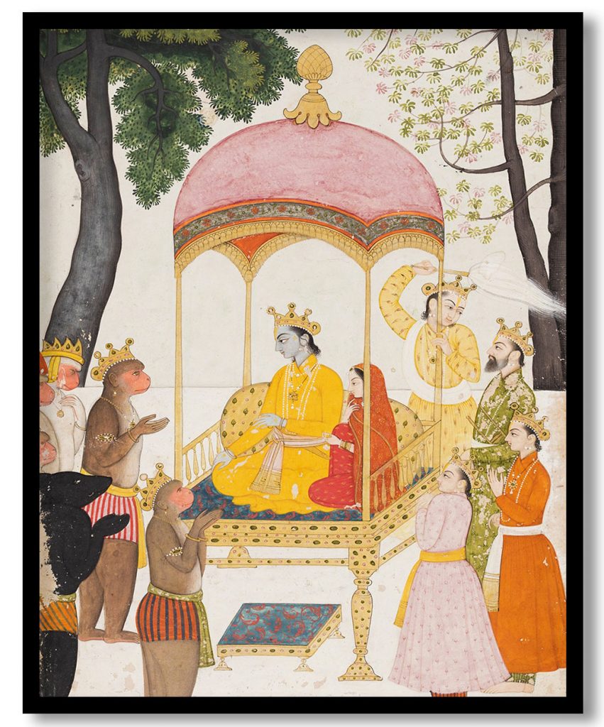 Enthroned Ram and Sita Receive Homage from their Monkey and Bear Allies (c. 1765)