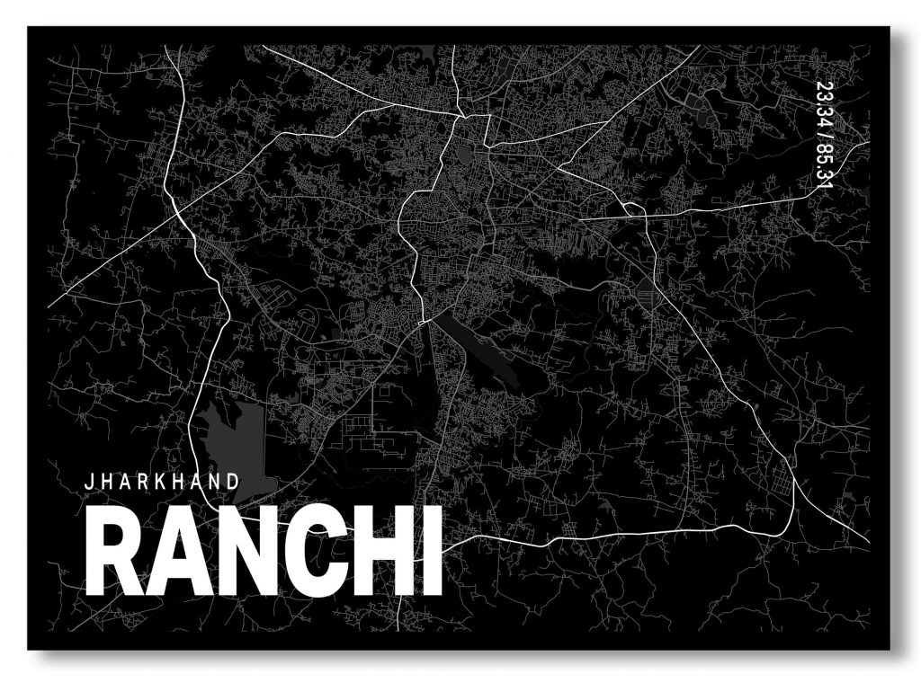 Black poster map of ranchi