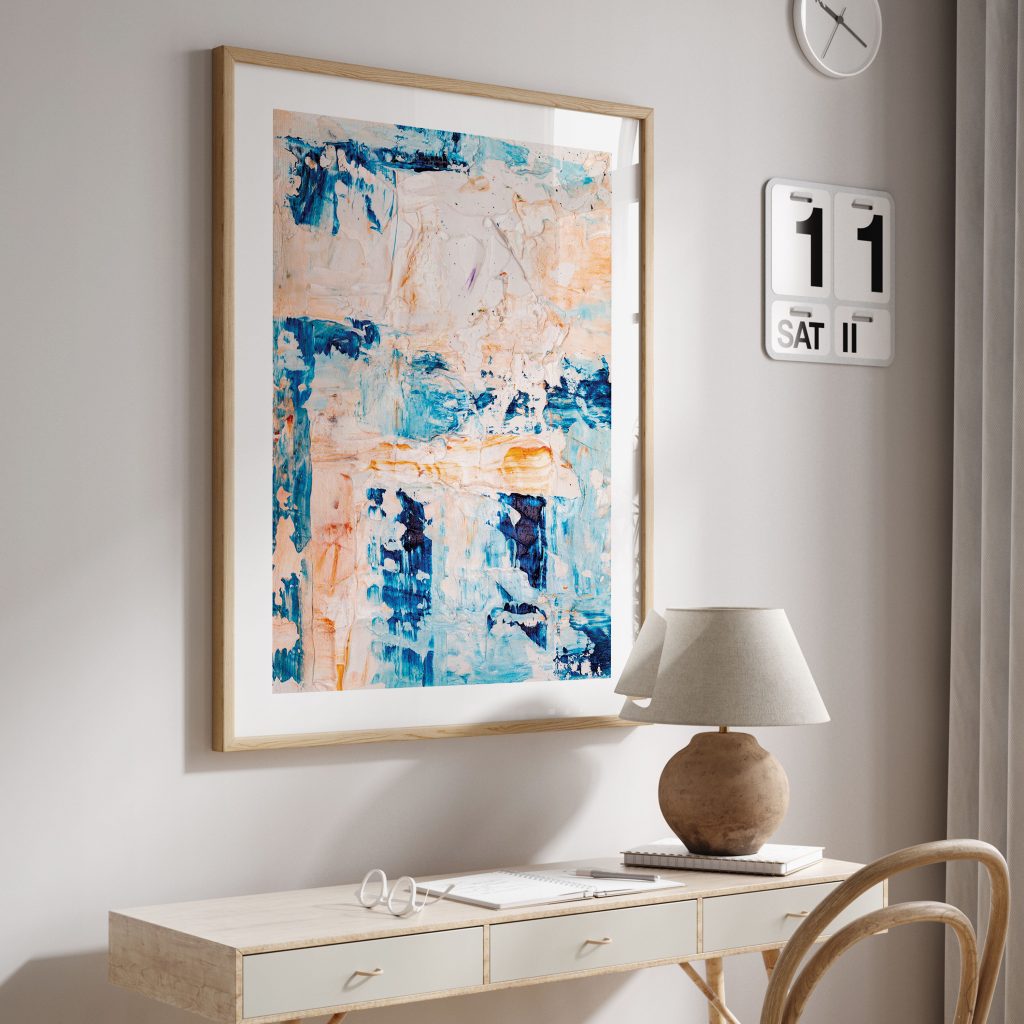 Abstract Textured Blue White Peach – Wall Hanging