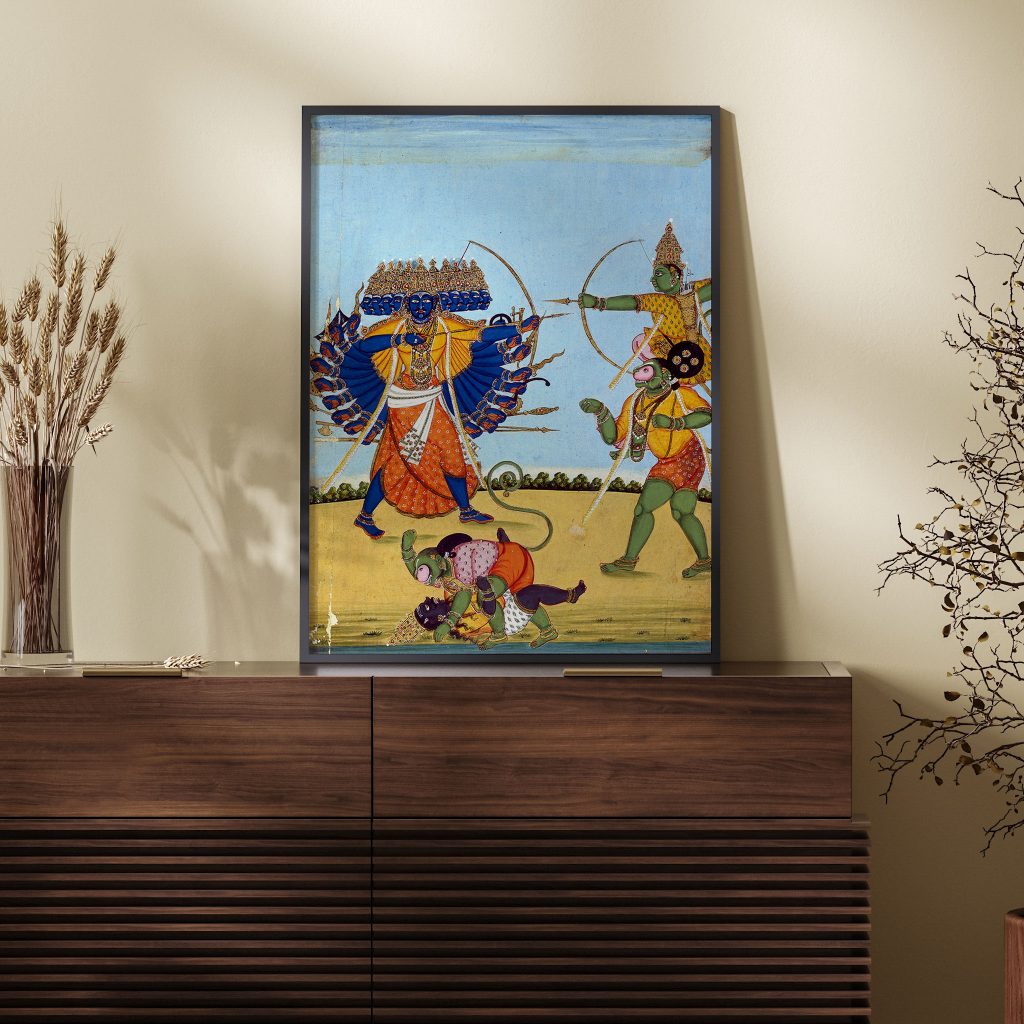 Ram on Hanuman fighting Ravan, an album painting on paper