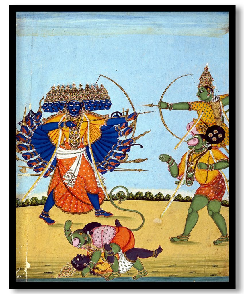 Ram on Hanuman fighting Ravan, an album painting on paper