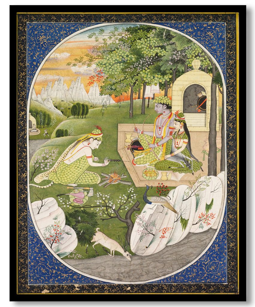 Ram, Sita and Lakshman in the Forest, page from the Ramayana (Tales of God Rama) (1830)