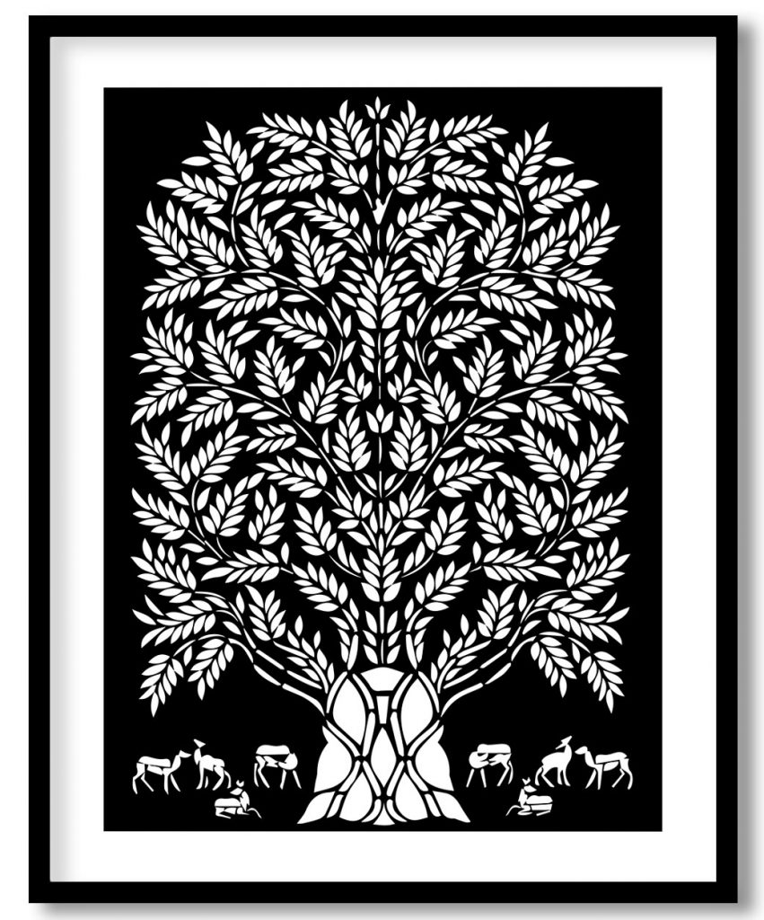 Warli black and white wildlife tree