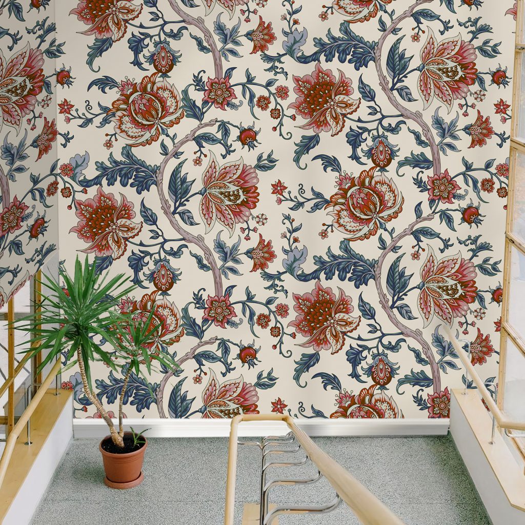 Brown and Blue Baroque Floral Wallpaper