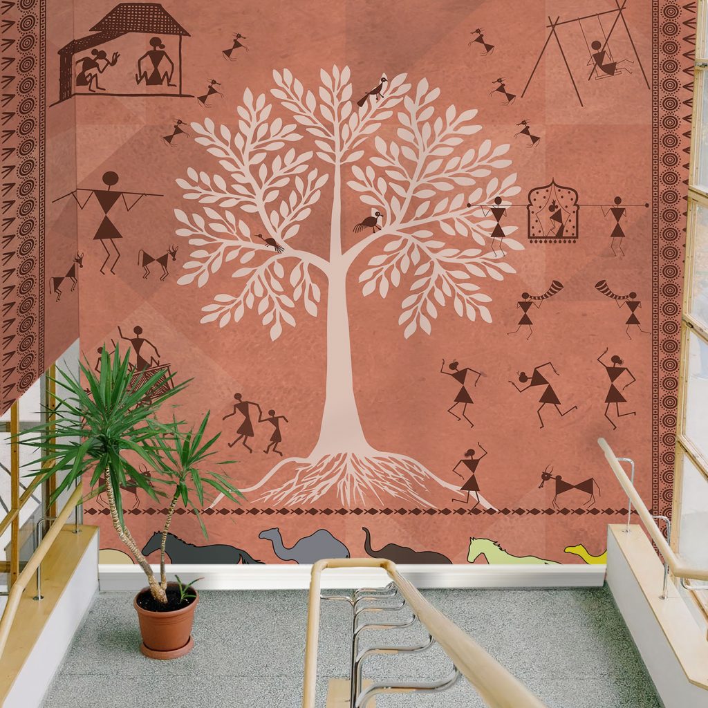 Terracotta Warli Tree of Life Wallpaper