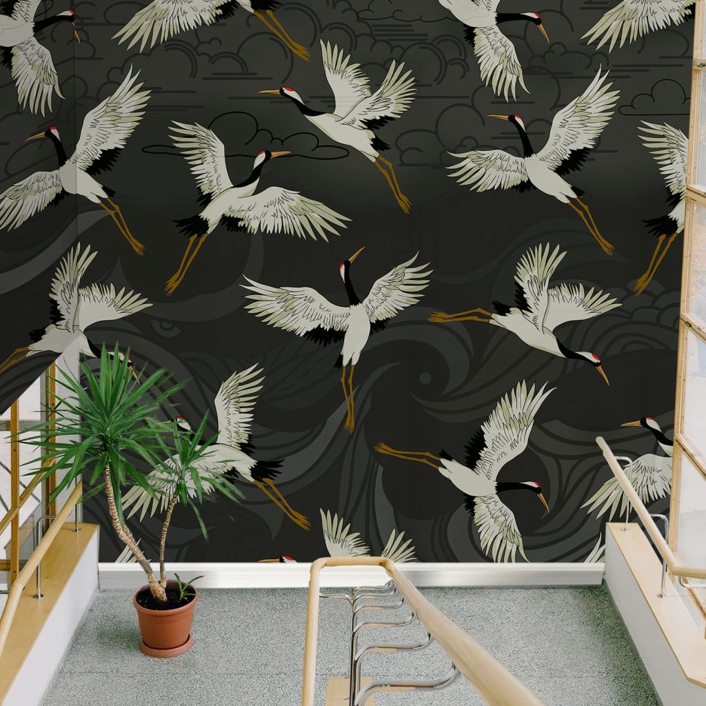 Dark Grey Japanese Crane Wallpaper