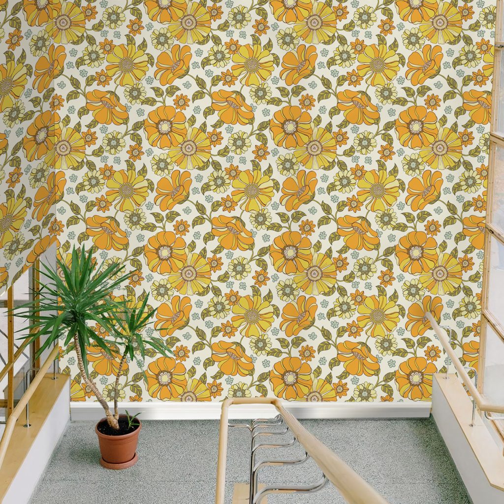 Orange and Yellow Retro Floral Wallpaper