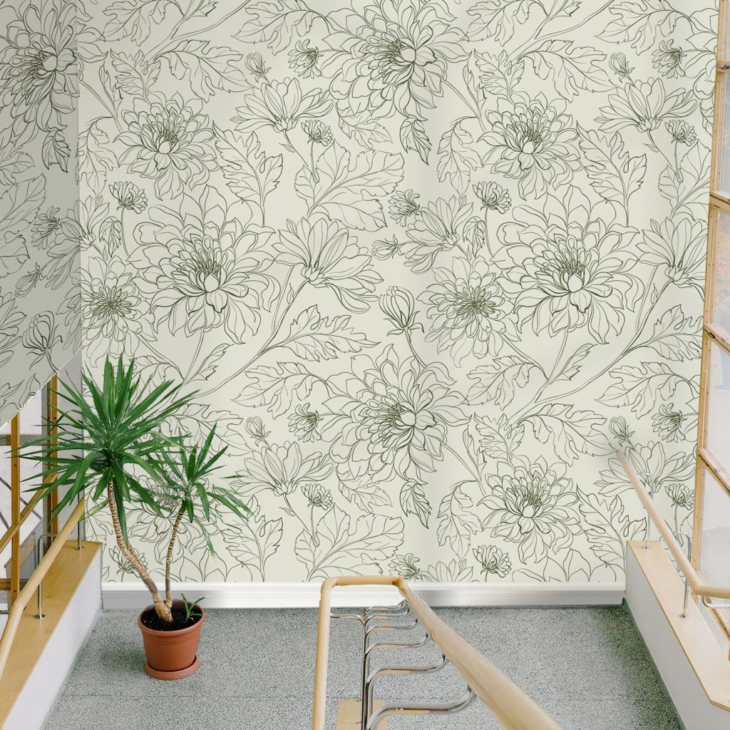 Beige Chrysanthemum Line Art Wallpaper