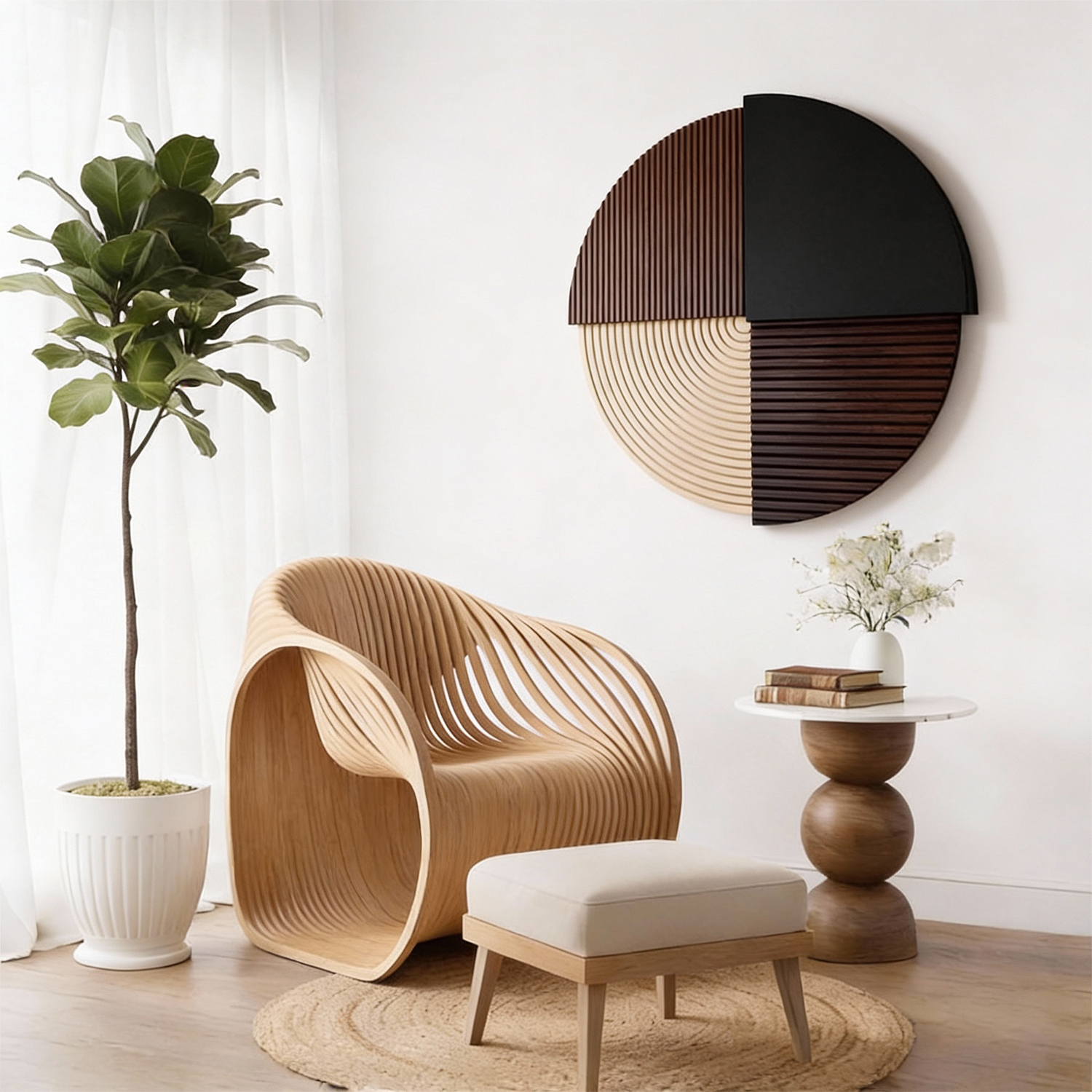 Rustic Geometric Circle Wood Wall Art — two-tone circular sculpture with modern chair and plant