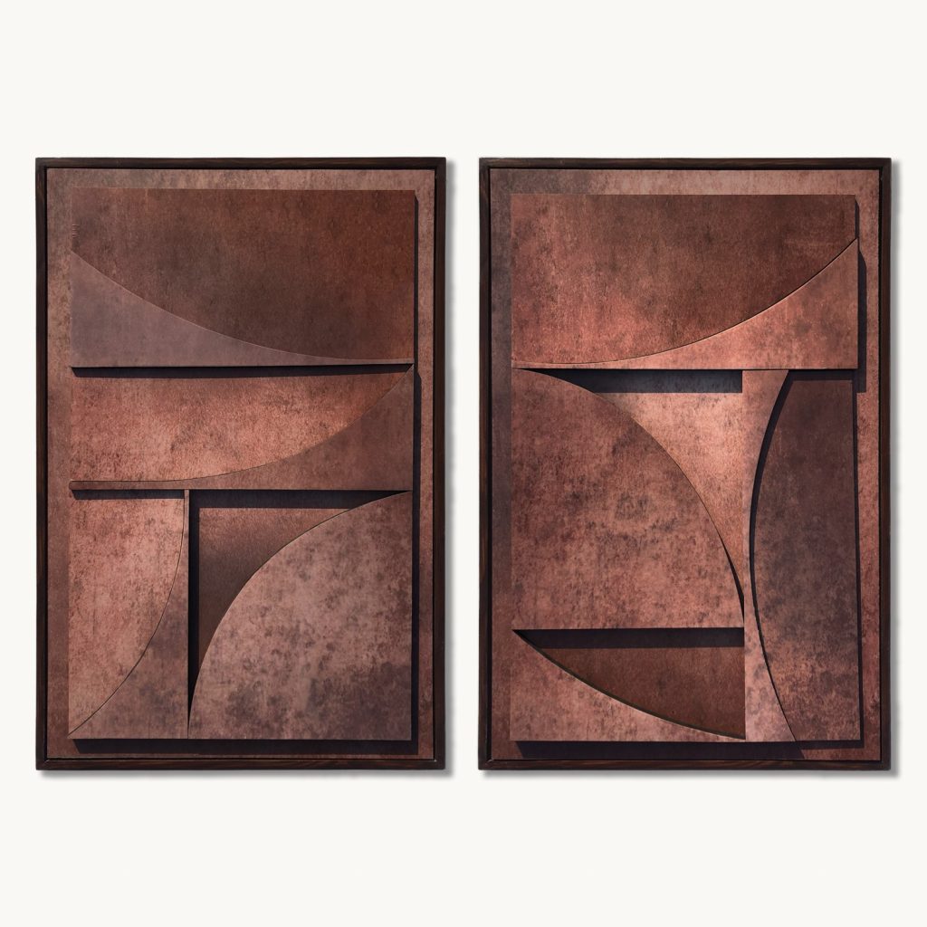 Set Of 2 Rust Relief Geometrical Wall Sculpture