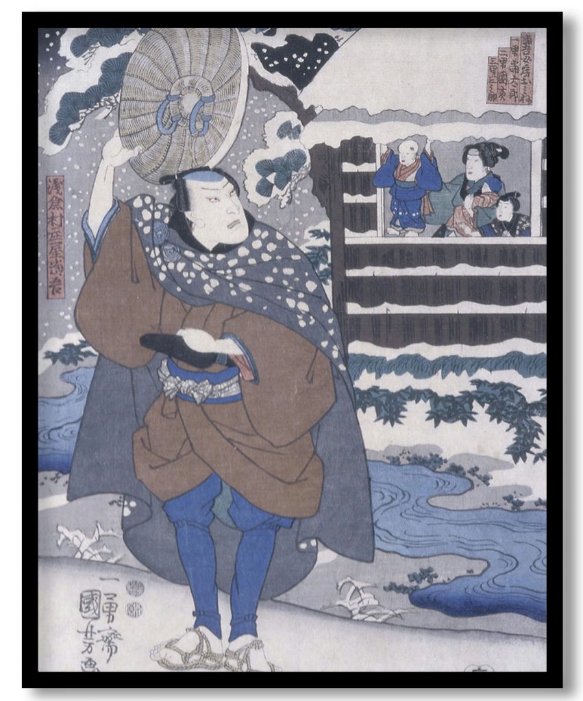 Tōgo's Departure in the Snow (scene from a kabuki play) by Utagawa Kuniyoshi (1851)