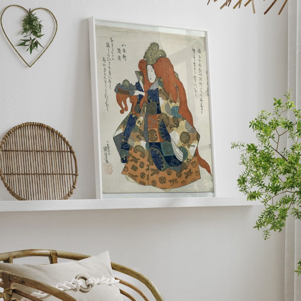 Vrouw met draken-kroon en offertafeltje by Utagawa Kuniyoshi (1832)