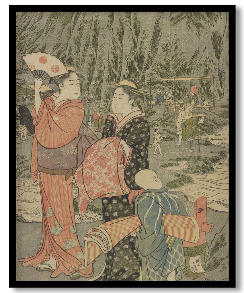 Lady with maid and child at Enoshima, one sheet from a triptych by Kitagawa Utamaro (19th century)