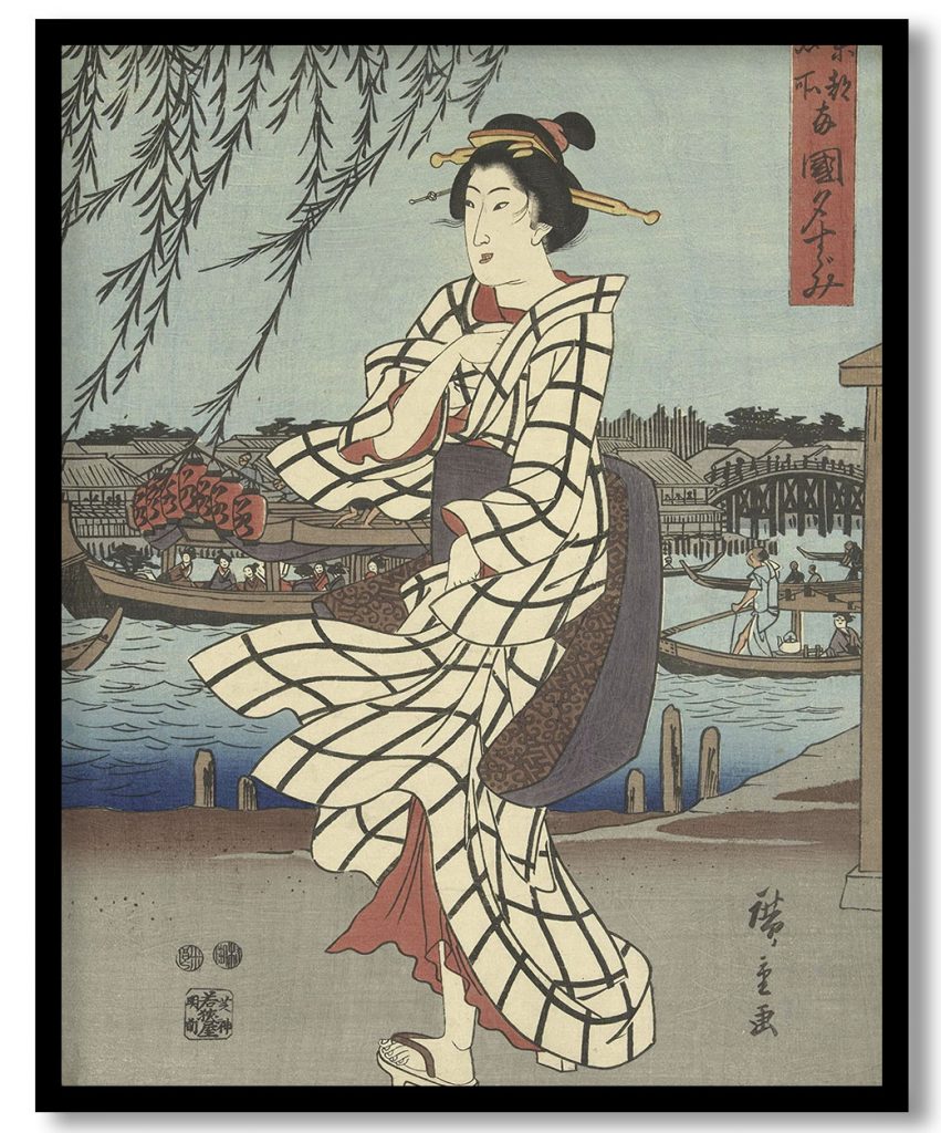 Beroemde plekken in de Oostelijke hoofdstad: Genietend van een avondbriesje bij de Ryogoku brug by Utagawa Hiroshige ( 1847- 48)