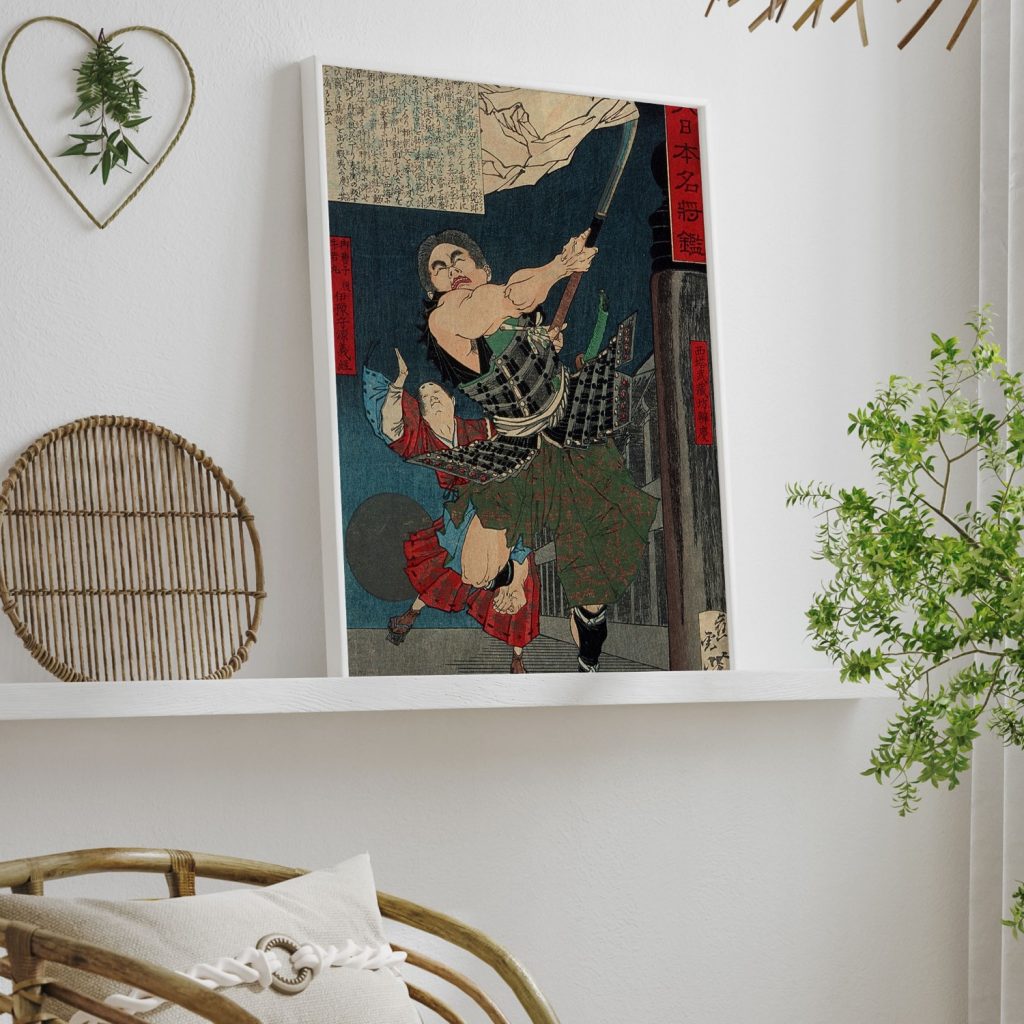 Musashibō Benkei Battling with Young Ushiwaka on Gojō Bridge by Tsukioka Yoshitoshi (1878)