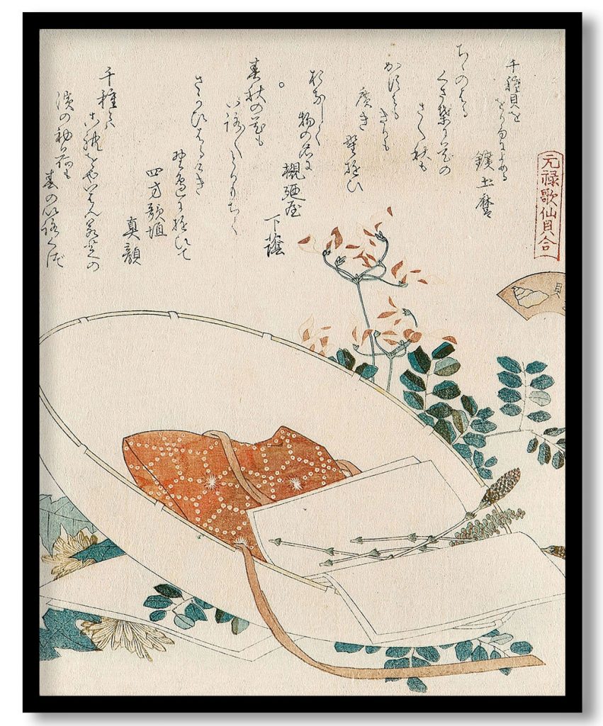 Myriad grasses shell (Chigusagai) from the series 'A shell-matching game with Genroku thirty-six linked verses (Genroku kasen kai-awase)' by Katsushika Hokusai (1821)