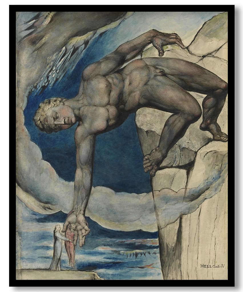 Antaeus setting down Dante and Virgil in the Last Circle of Hell by William Blake (1824-27)