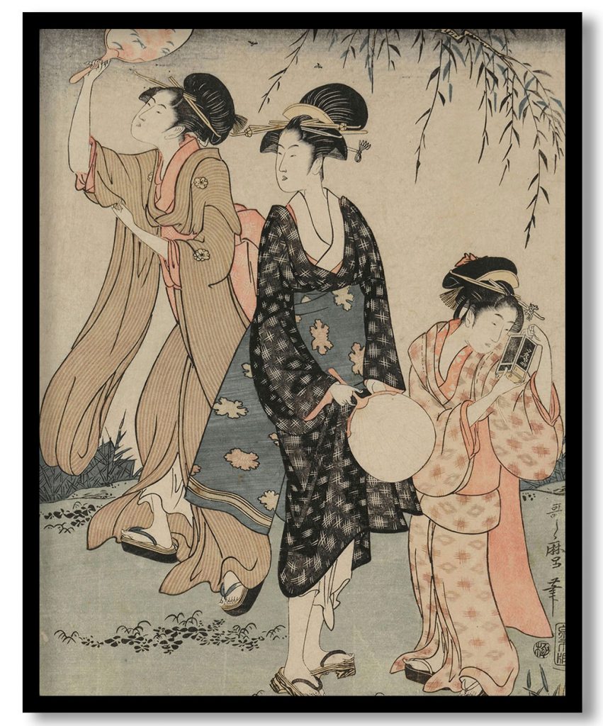 Catching Fireflies Beneath a Willow Tree (center) by Kitagawa Utamaro (1838)