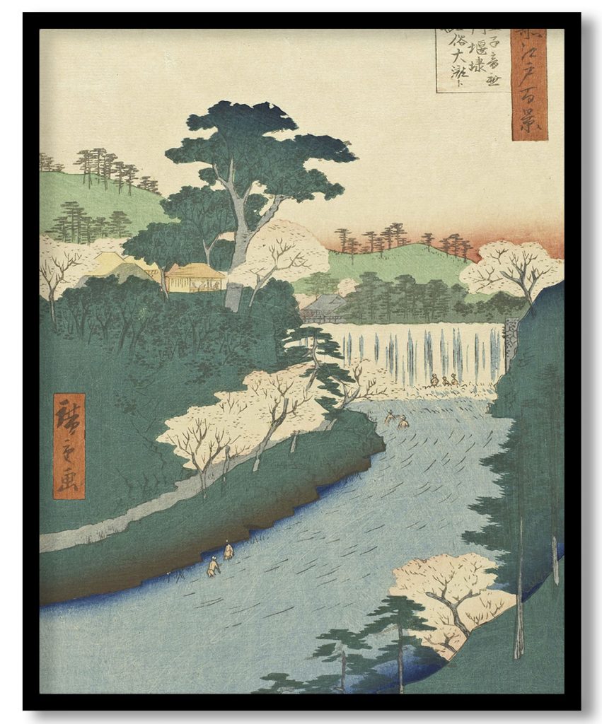 Dam on the Otonashi River at Oji Popularly Known as the 'Great Waterfall' (Oji Otonashigawa entia, sezoku Otaki to tonau) by Utagawa Hiroshige (1857)