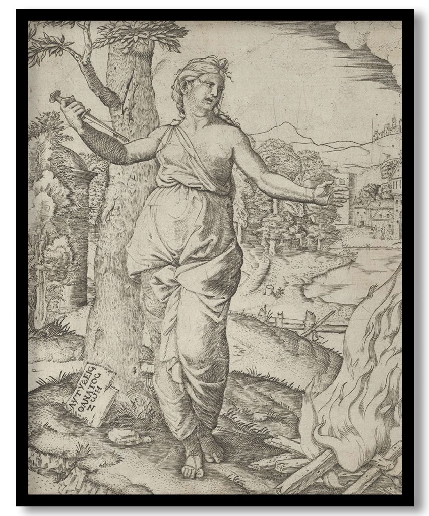 Dido holding a dagger in her right hand, left arm outstreched by Raphael (1510-30)