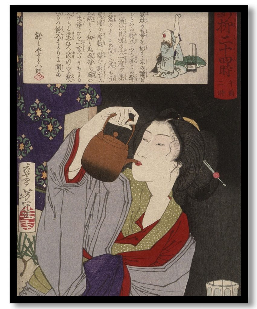 Geisha Drinking from Sake Kettle by Tsukioka Yoshitoshi (1880)