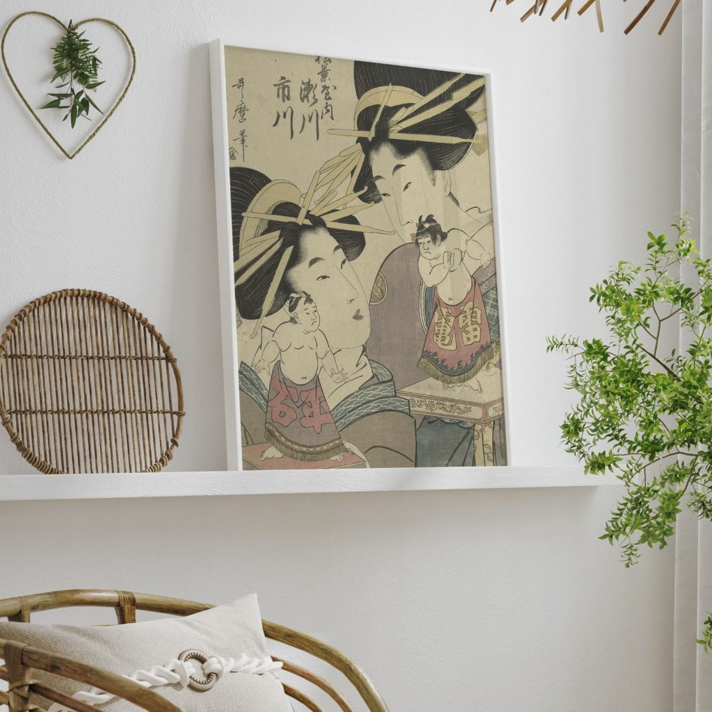 Geisha`s met sumo poppen by Kitagawa Utamaro (1765-06)
