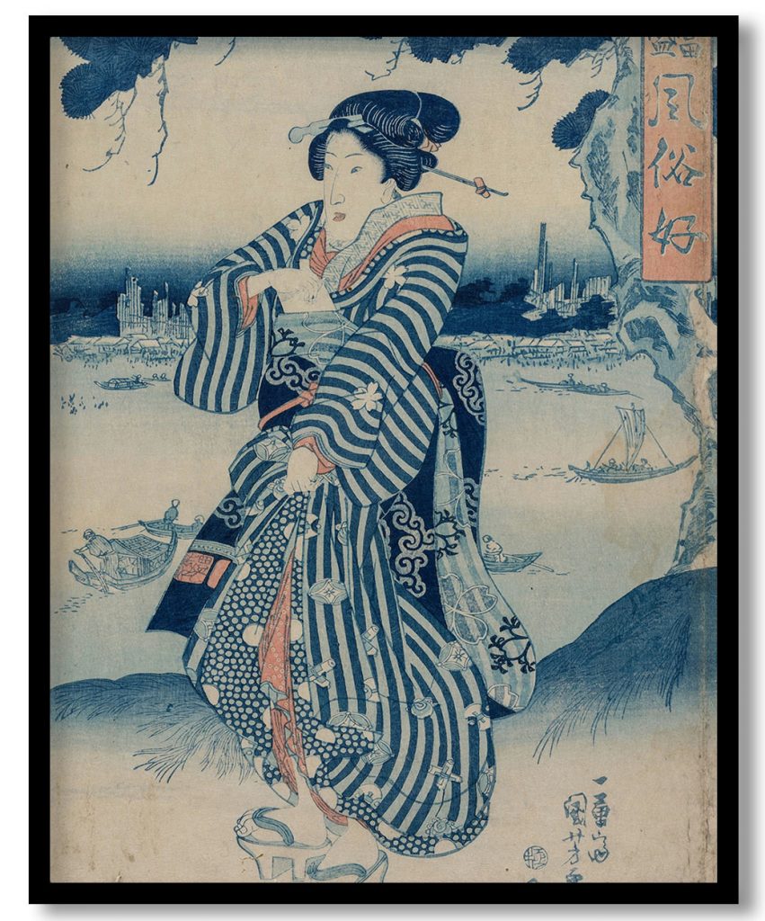 Geisha Standing on the Bank of the Sumida River  (from the series People Who Like the Latest Fashions and Manners) by Utagawa Kuniyoshi (1830)