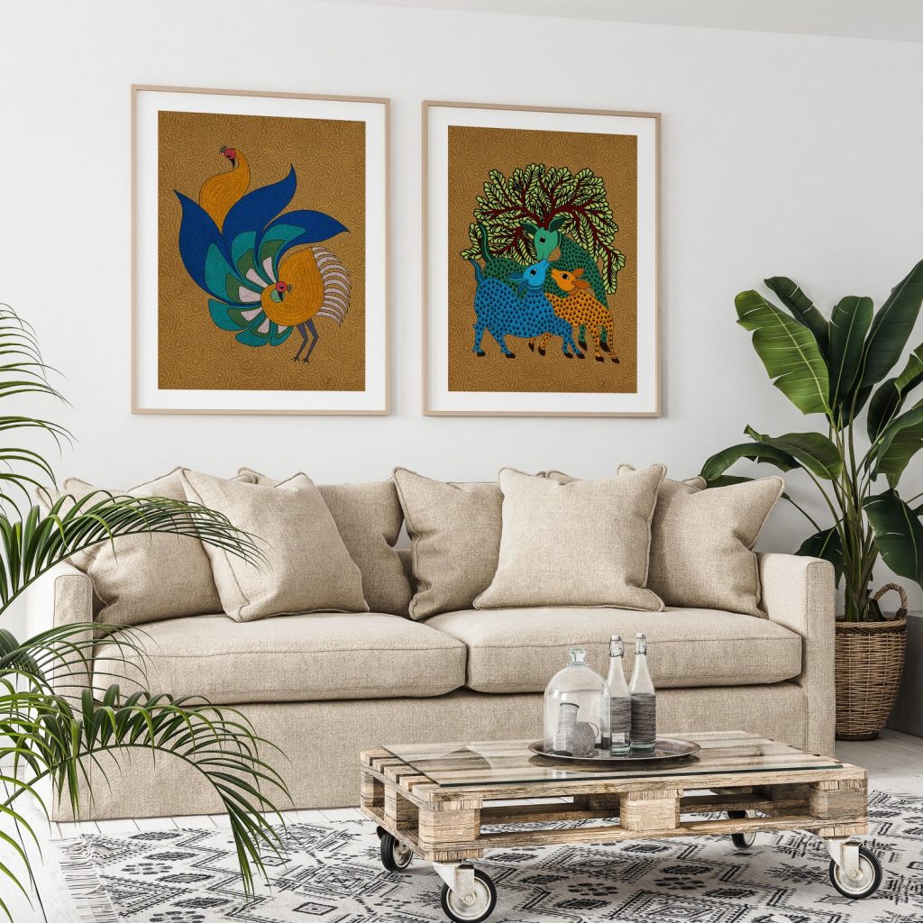 Gond Peacock and Deer Family – Wall Hanging