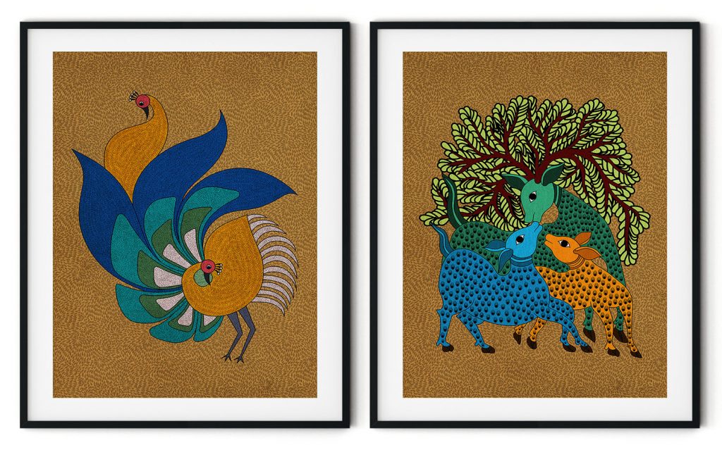 Set of 2 traditional gond mor and barahsingha