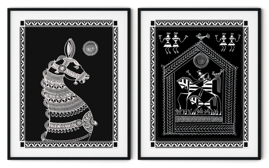 Set of 2 traditional warli chauk horse
