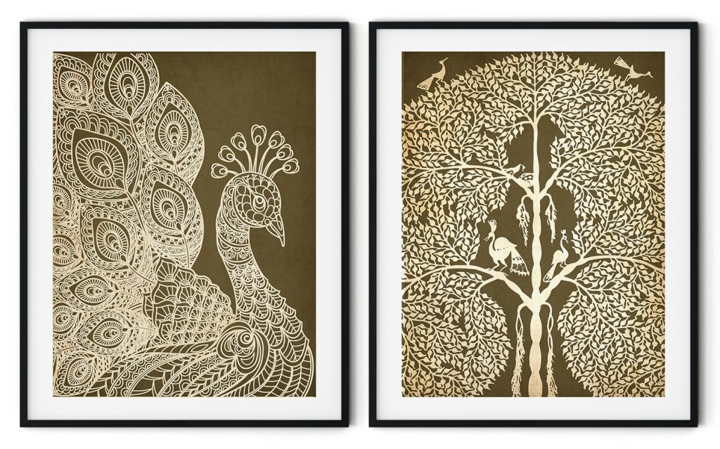 Set of 2 peacock and warli tree