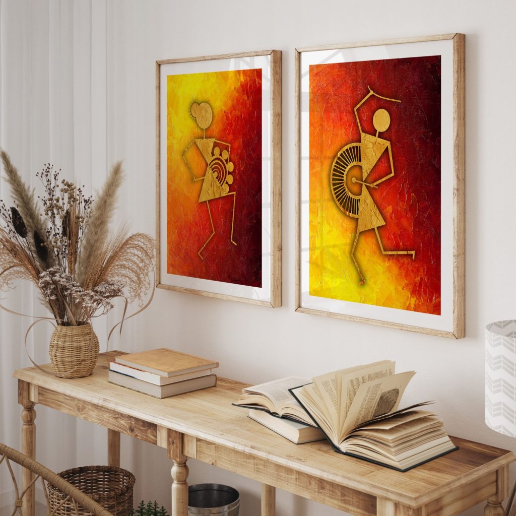 Warli Golden Figures Dancing – Wall Painting