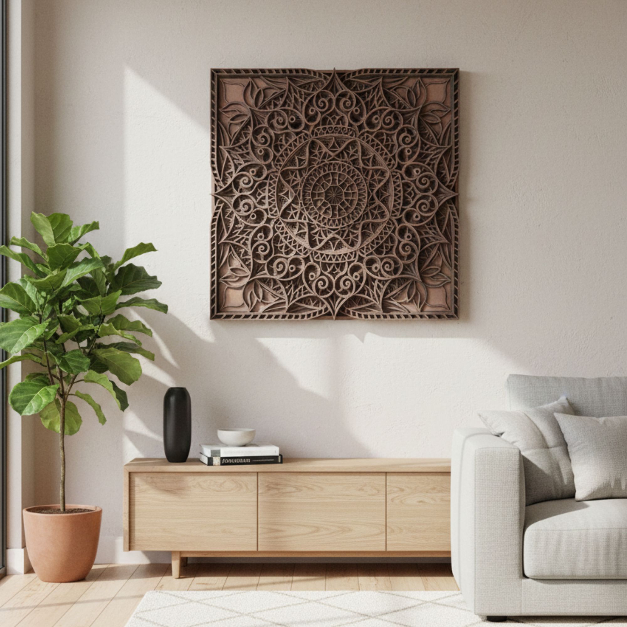Large Boho Mandala Wood Wall Hanging — intricate dark wood mandala on white wall above modern credenza