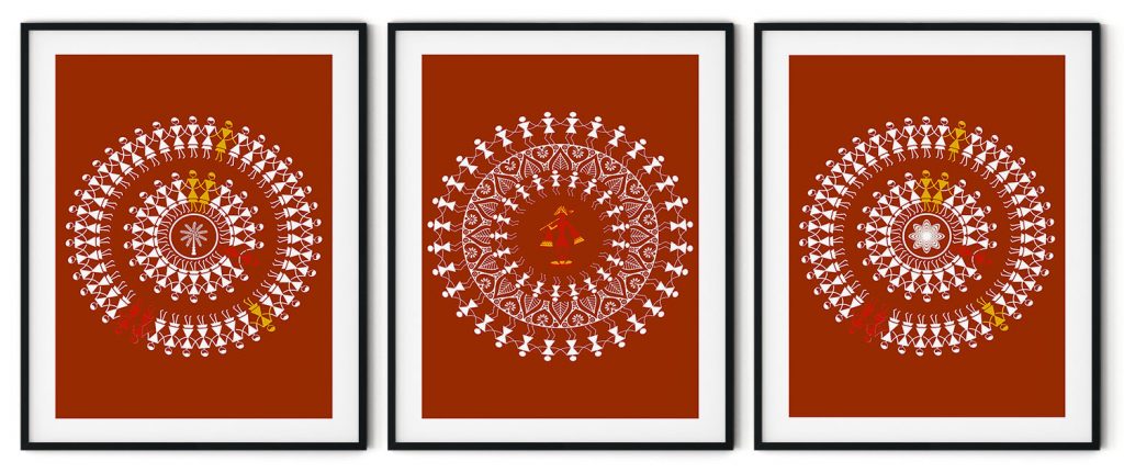Set of 3 rust warli tarpa dance with shree krishna ji