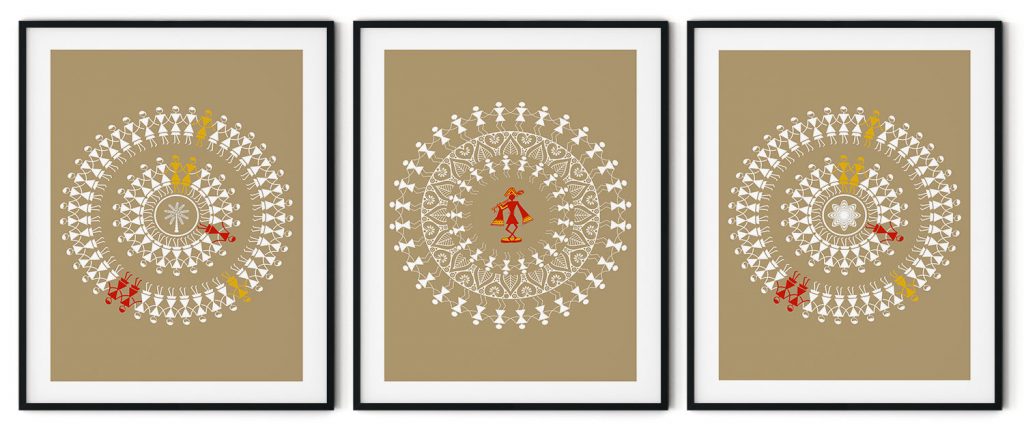 Set of 3 mud warli tarpa dance with shree krishna ji