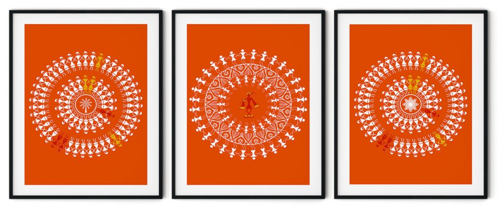 Set of 3 kesari warli tarpa dance with shree krishna ji
