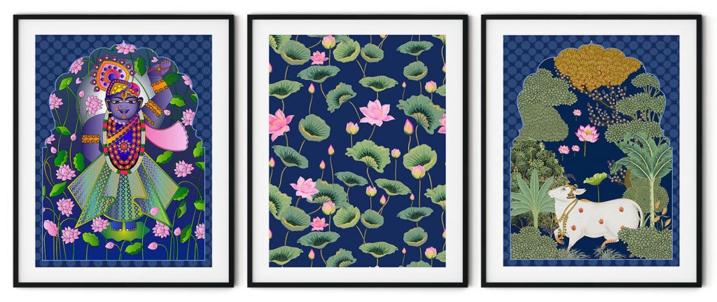 Set of 3 pichwai shrinathji, kamal and gaay