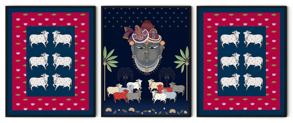 Set of 3 traditional pichwai shrinathji and gaay