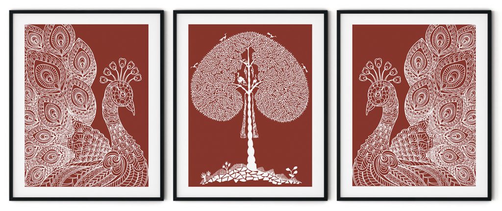 Set of 3 mor and warli vriksha line drawing