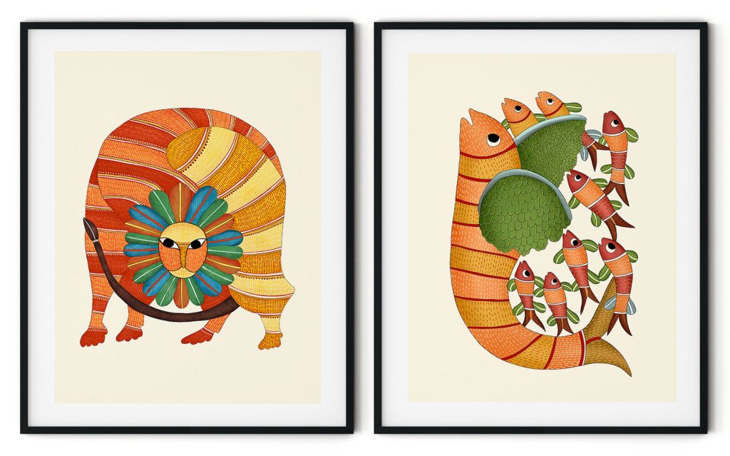 Set of 2 traditional gond wagh and matsya