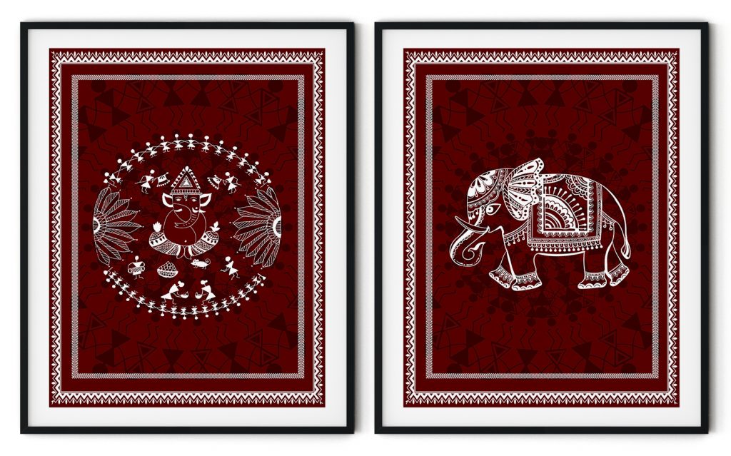 Set of 2 traditional warli ganpati and hathi
