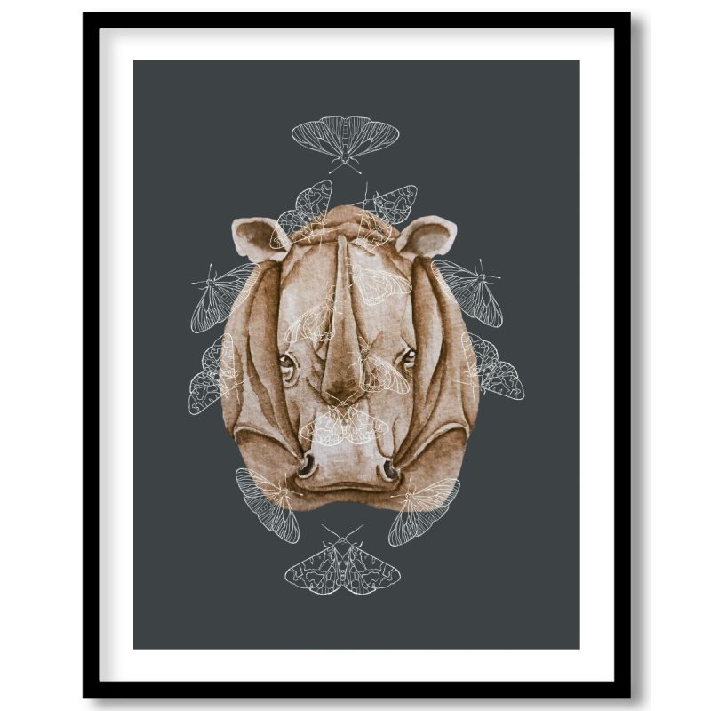 Butterflies and Rhino Watercolor Rhino Portrait