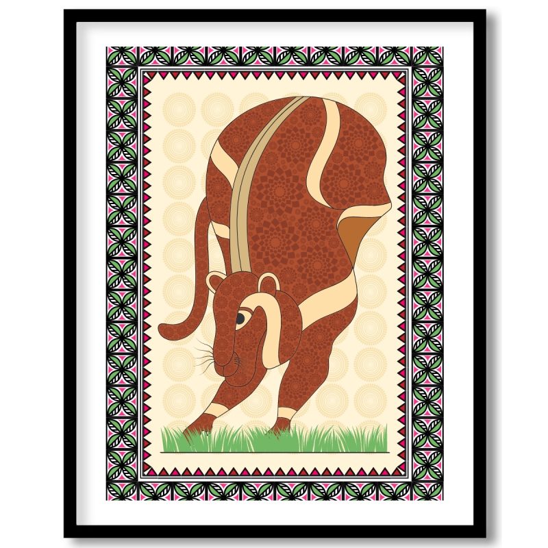 King of the Jungle: A Majestic Gond Artwork of a Lion. Gond lion painting, Indian folk art lion, Tribal lion artwork, Jungle animal art, Wildlife Gond painting