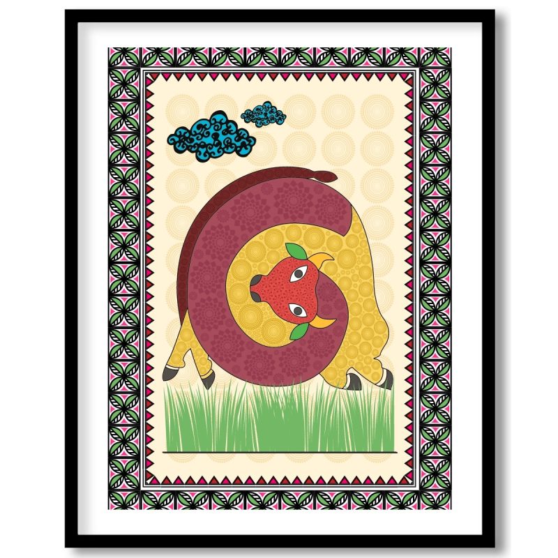 Strength of the Land: A Vibrant Gond Artwork of a Bull. Gond bull painting, Indian folk art bull, Tribal bull artwork, Gond farm animal art, Wildlife Gond painting.