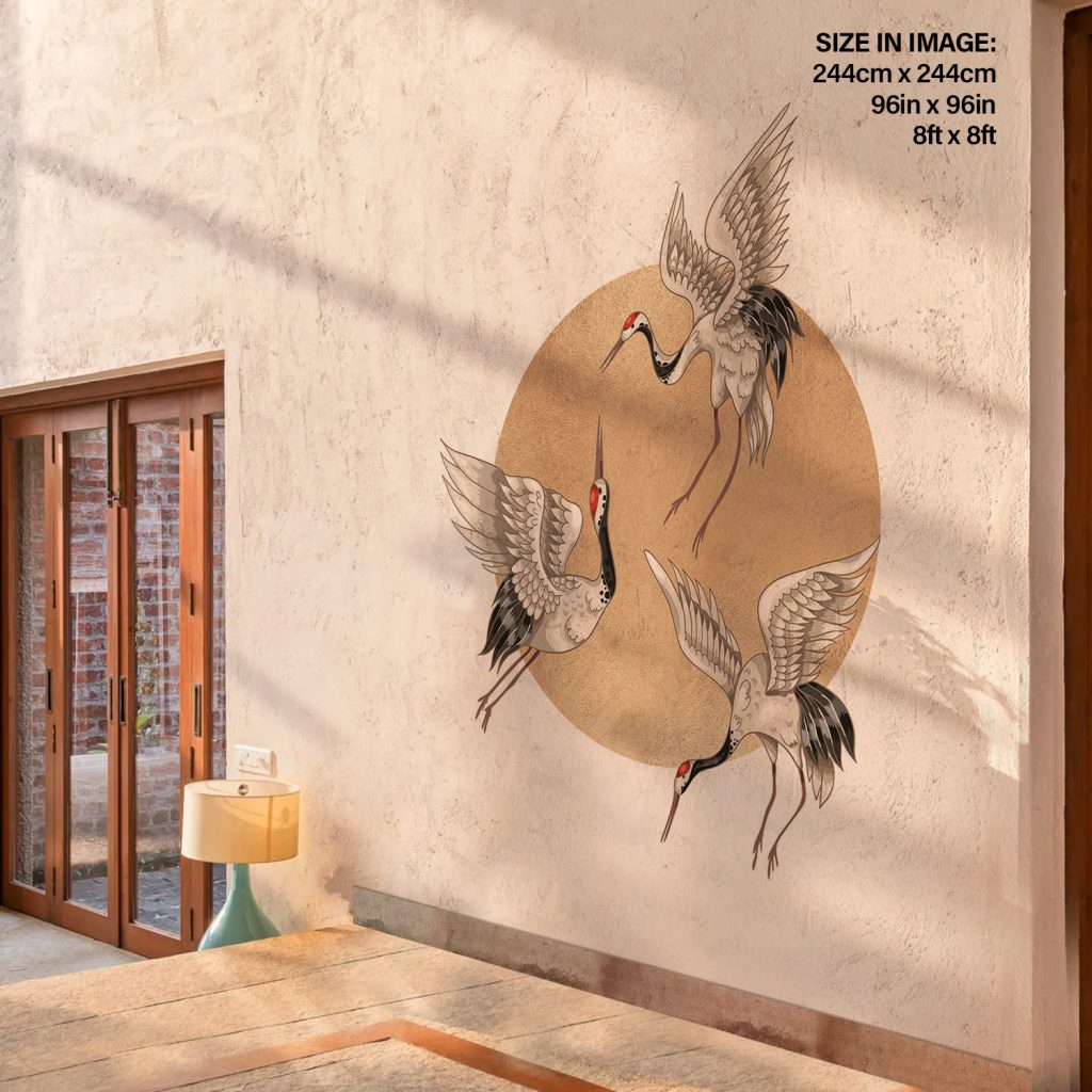 White crane with round golden foil