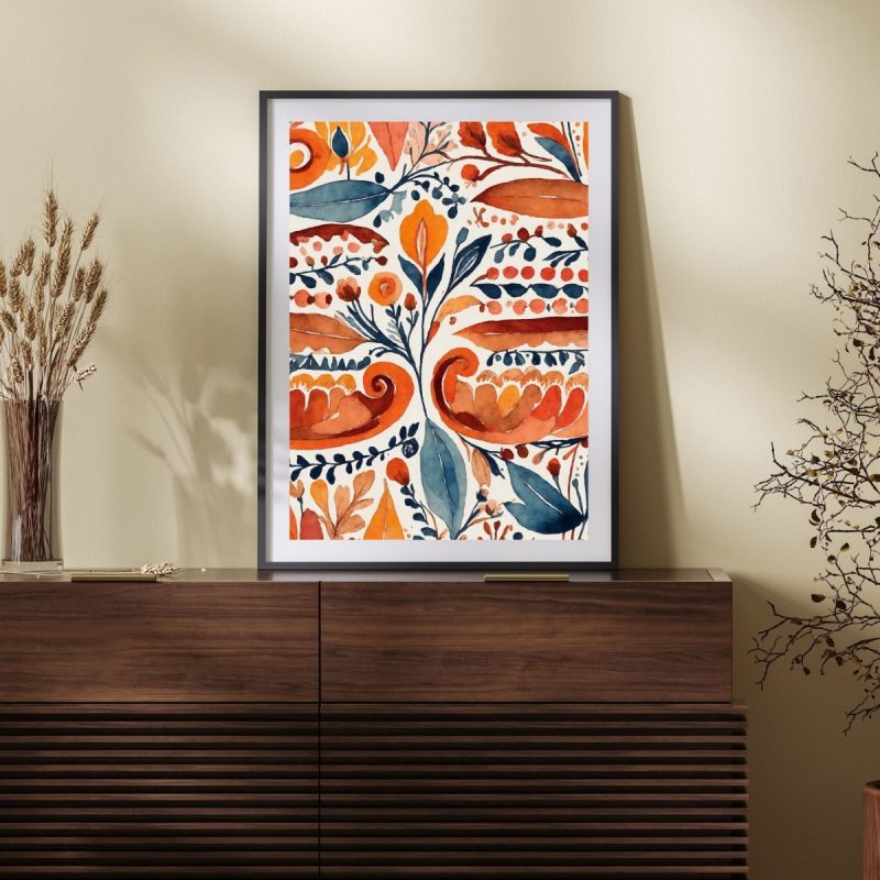 Botanical Orange Blue Floral Pattern – Wall Decor