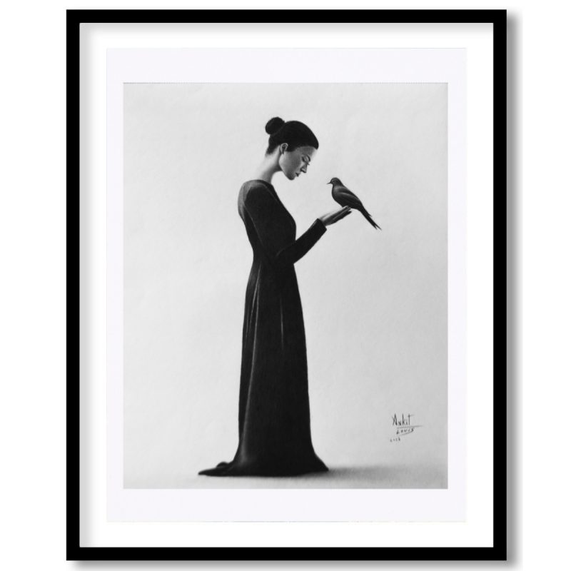 Lady With Bird Pencil Drawing