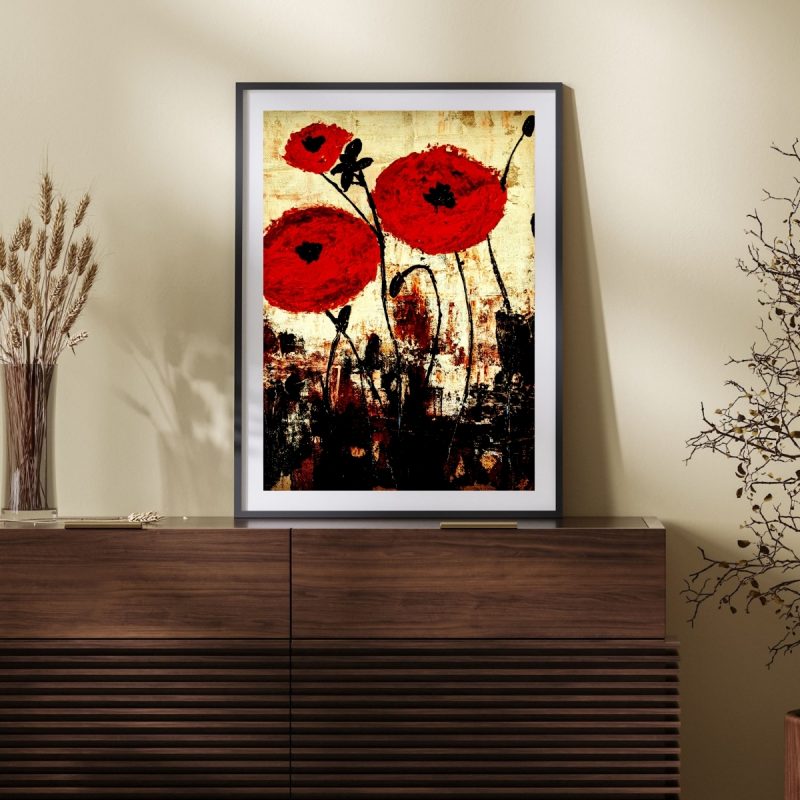 Abstract Red Poppies Black Stems – Wall Hanging